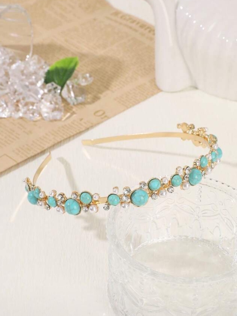 Gold Headband with Turquoise Stones and Crystals